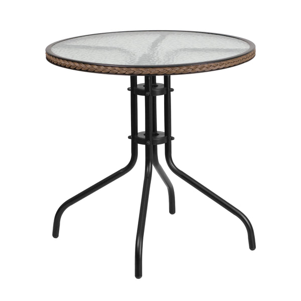 Clear/Dark Brown |#| 28inch RD Glass Metal Table w/ Dk Brown Rattan Edging & 4 Dk Brown Rattan Chairs