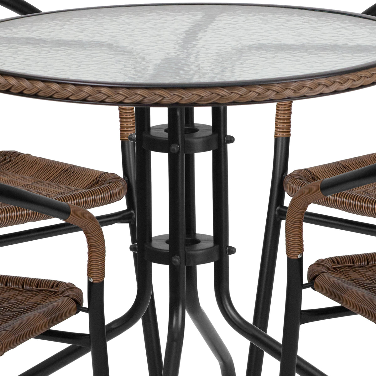 Clear/Dark Brown |#| 28inch RD Glass Metal Table w/ Dk Brown Rattan Edging & 4 Dk Brown Rattan Chairs