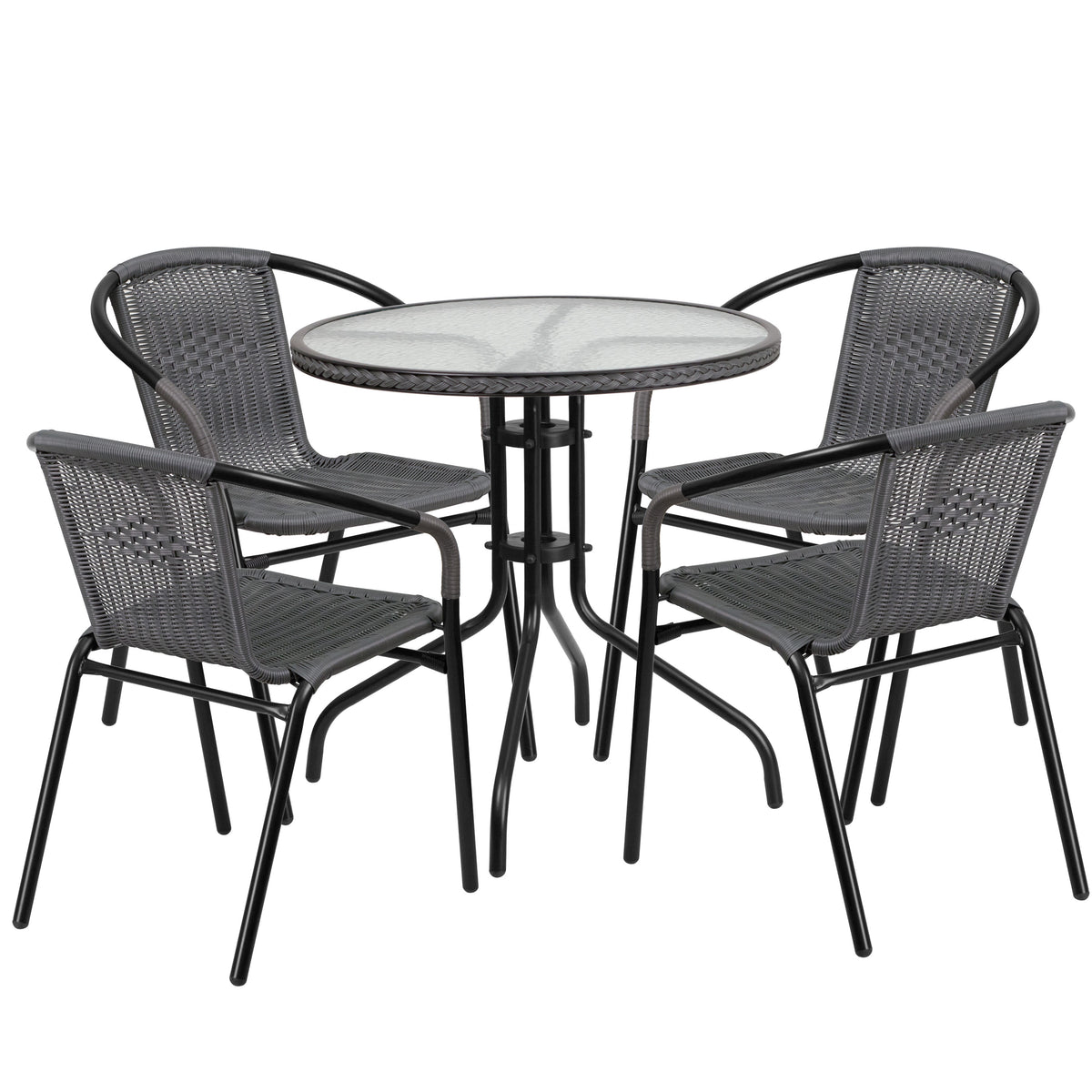 Clear/Gray |#| 28inch RD Glass Metal Table with Gray Rattan Edging and 4 Gray Rattan Stack Chairs