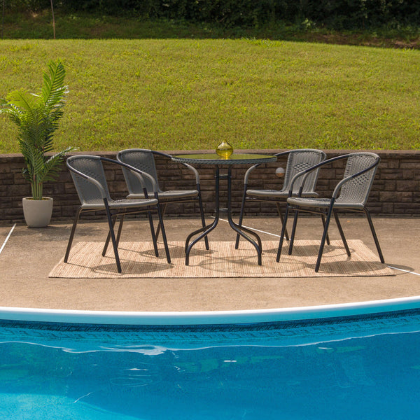 Clear/Gray |#| 28inch RD Glass Metal Table with Gray Rattan Edging and 4 Gray Rattan Stack Chairs