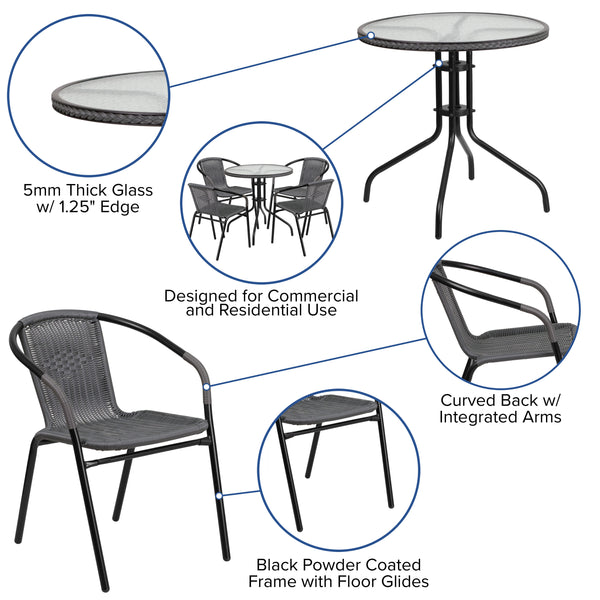 Clear/Gray |#| 28inch RD Glass Metal Table with Gray Rattan Edging and 4 Gray Rattan Stack Chairs