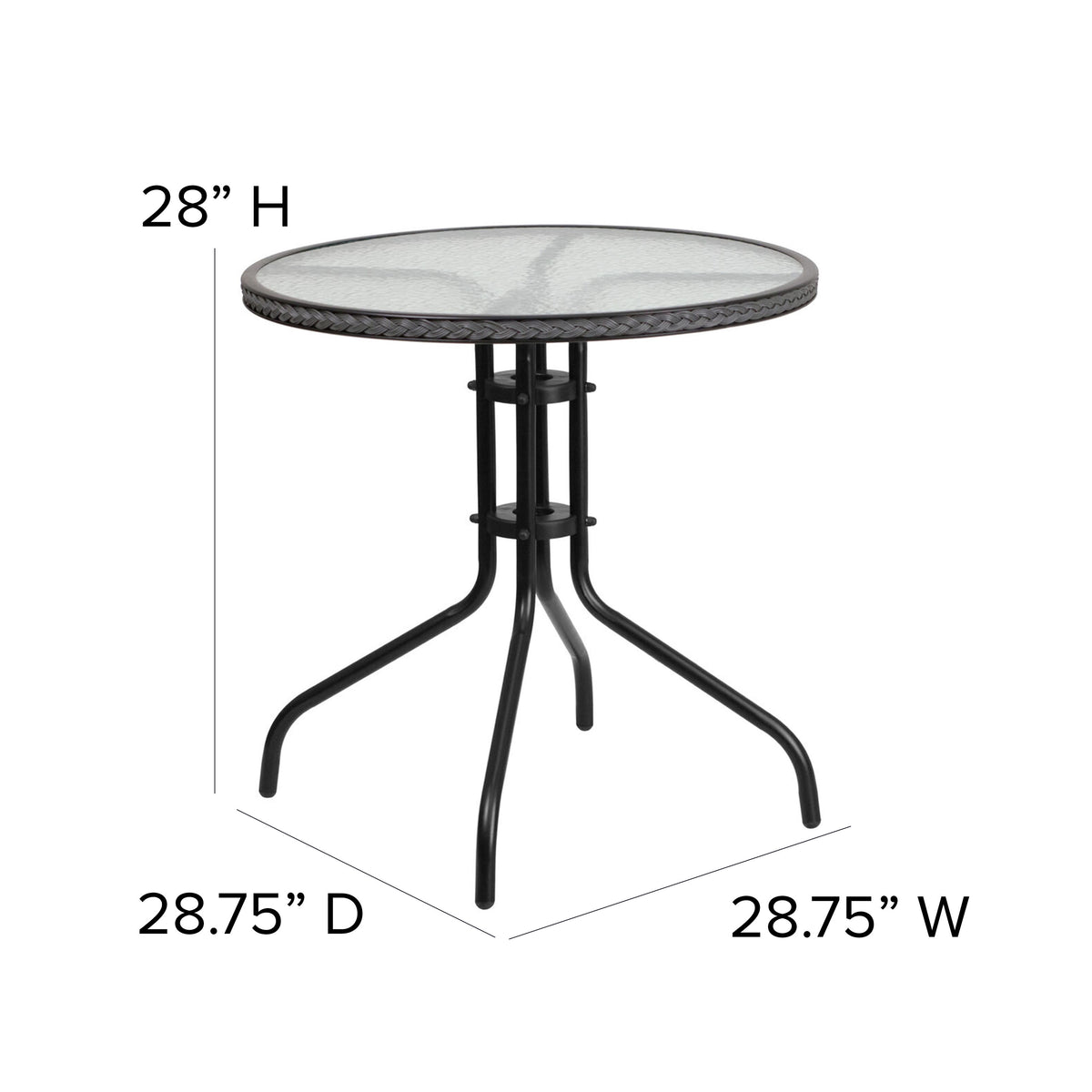 Clear/Gray |#| 28inch RD Glass Metal Table with Gray Rattan Edging and 4 Gray Rattan Stack Chairs