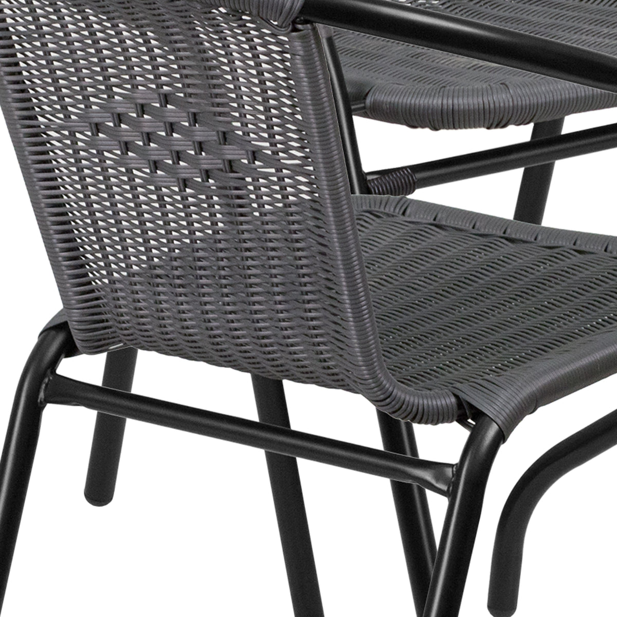 Clear/Gray |#| 28inch RD Glass Metal Table with Gray Rattan Edging and 4 Gray Rattan Stack Chairs