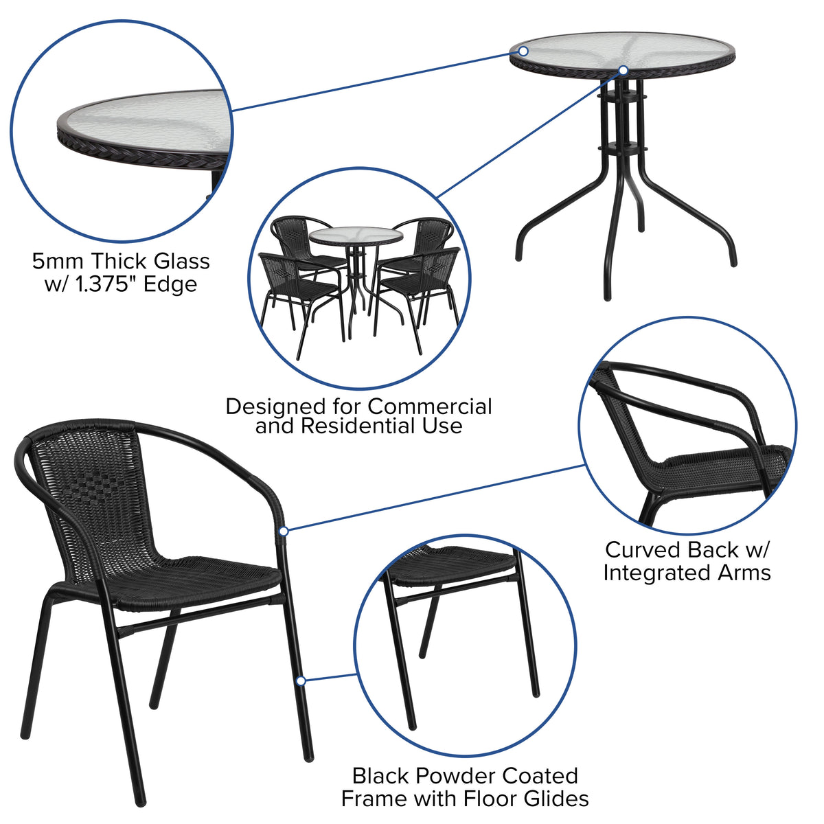 Clear/Black |#| 28inch RD Glass Metal Table with Black Rattan Edging & 4 Black Rattan Stack Chairs