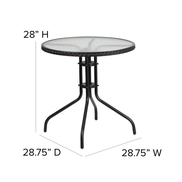 Clear/Black |#| 28inch RD Glass Metal Table with Black Rattan Edging & 4 Black Rattan Stack Chairs