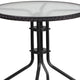 Clear/Black |#| 28inch RD Glass Metal Table with Black Rattan Edging & 4 Black Rattan Stack Chairs