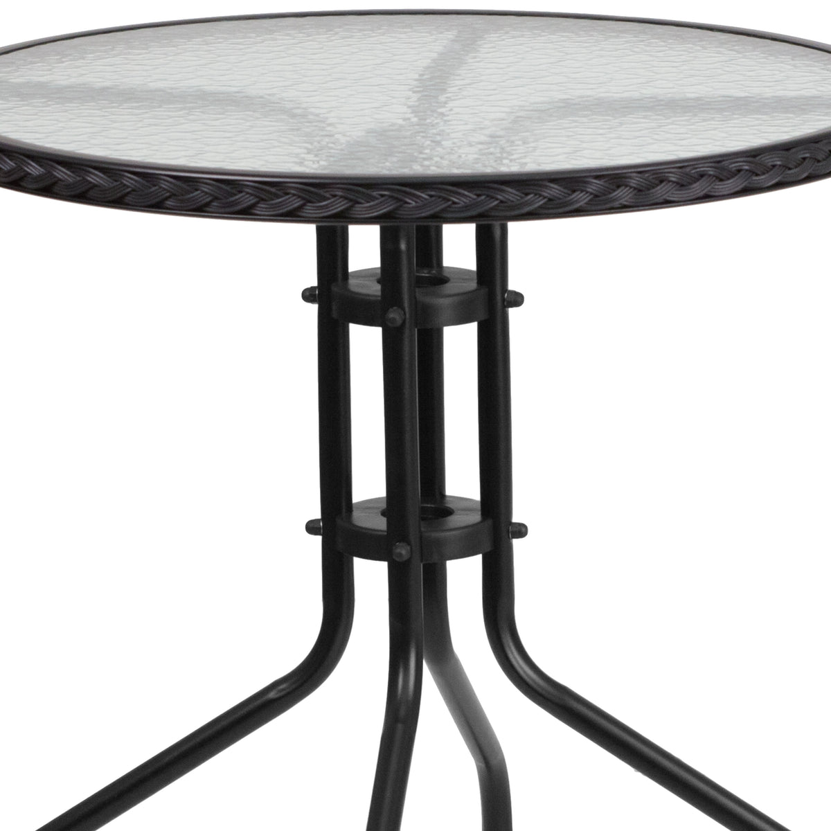 Clear/Black |#| 28inch RD Glass Metal Table with Black Rattan Edging & 4 Black Rattan Stack Chairs