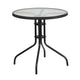 Clear/Black |#| 28inch RD Glass Metal Table with Black Rattan Edging & 4 Black Rattan Stack Chairs