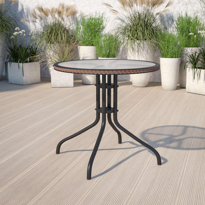 Barker 28'' Round Tempered Glass Metal Table with Rattan Edging