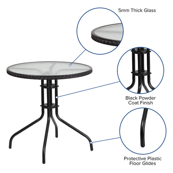 Clear/Black Rattan |#| 28inch Round Tempered Glass Metal Table with Black Rattan Edging