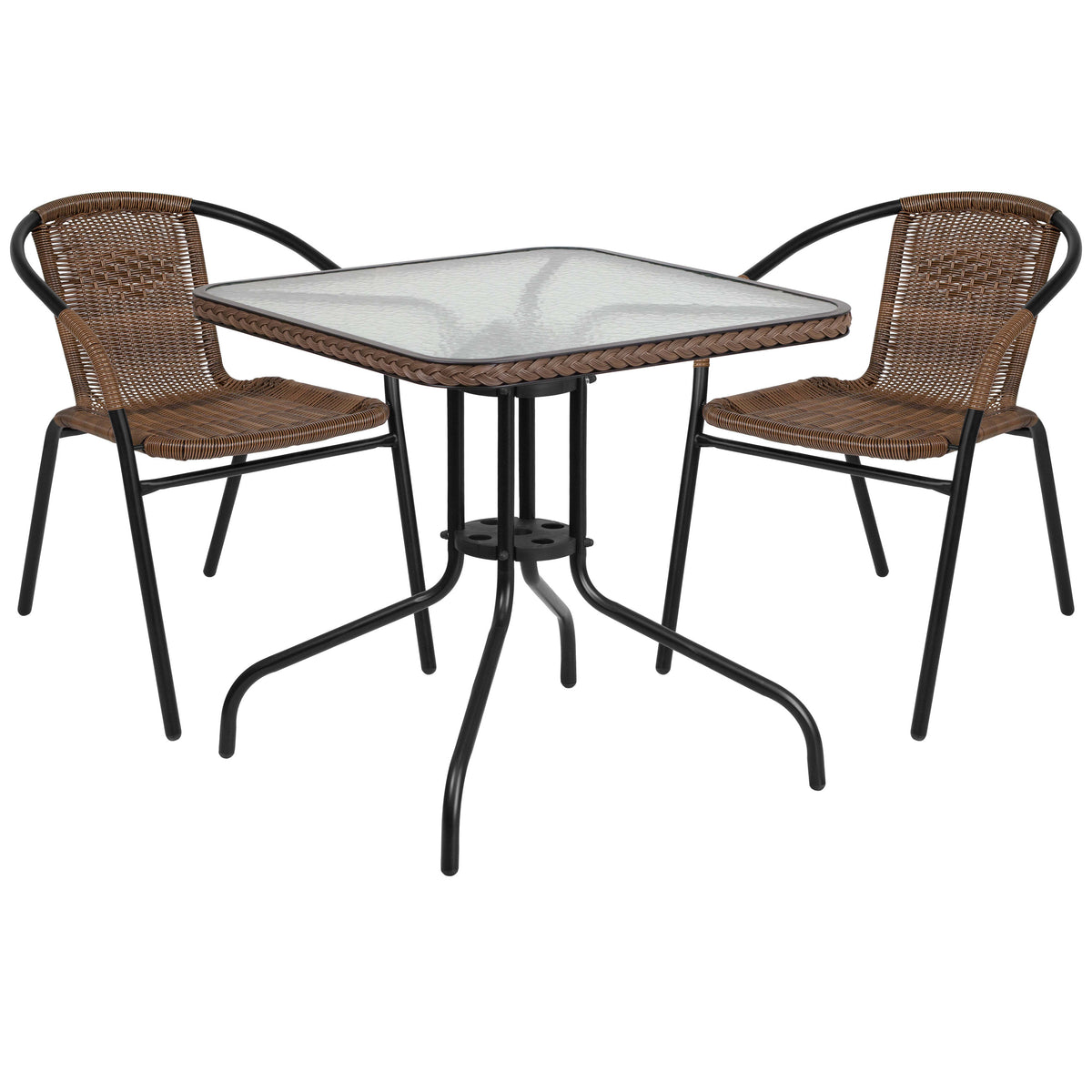 Clear/Dark Brown |#| 28inch SQ Glass Metal Table with Dk Brown Rattan Edging & 2 Dk Brown Rattan Chairs