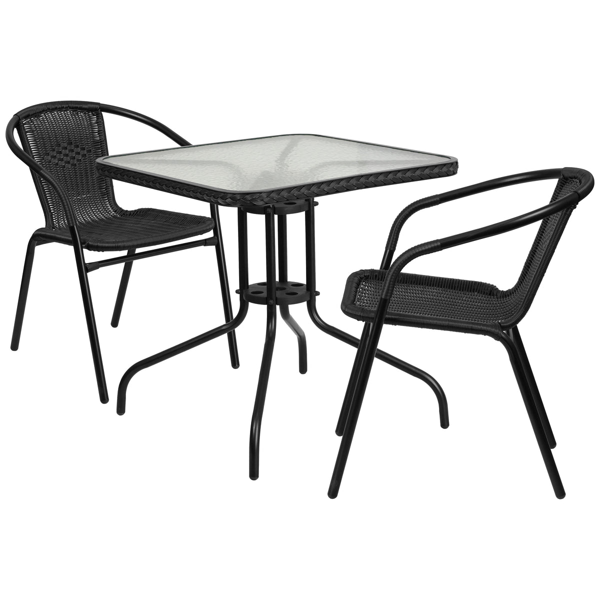 Clear/Black |#| 28inch SQ Glass Metal Table with Black Rattan Edging & 2 Black Rattan Stack Chairs