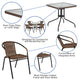 Clear/Dark Brown |#| 28inch SQ Glass Metal Table with Dk Brown Rattan Edging & 4 Dk Brown Rattan Chairs