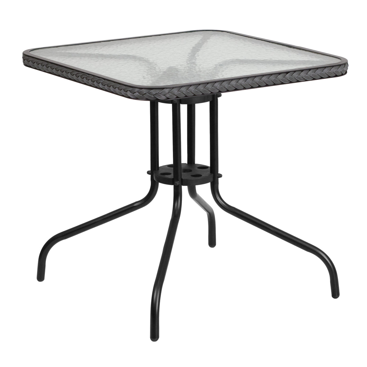 Clear/Gray |#| 28inch SQ Glass Metal Table with Gray Rattan Edging and 4 Gray Rattan Stack Chairs