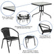 Clear/Black |#| 28inch SQ Glass Metal Table w/ Black Rattan Edging & 4 Black Rattan Stack Chairs