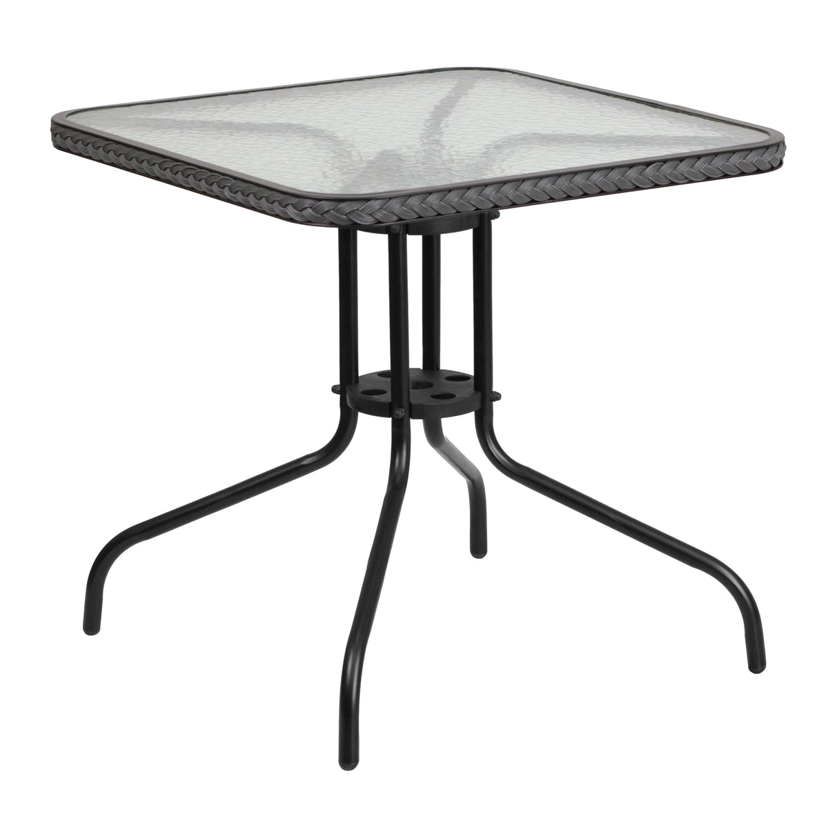 Clear/Gray Rattan |#| 28inch Square Tempered Glass Metal Table with Gray Rattan Edging