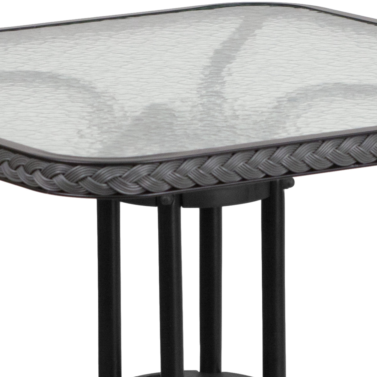 Clear/Gray Rattan |#| 28inch Square Tempered Glass Metal Table with Gray Rattan Edging