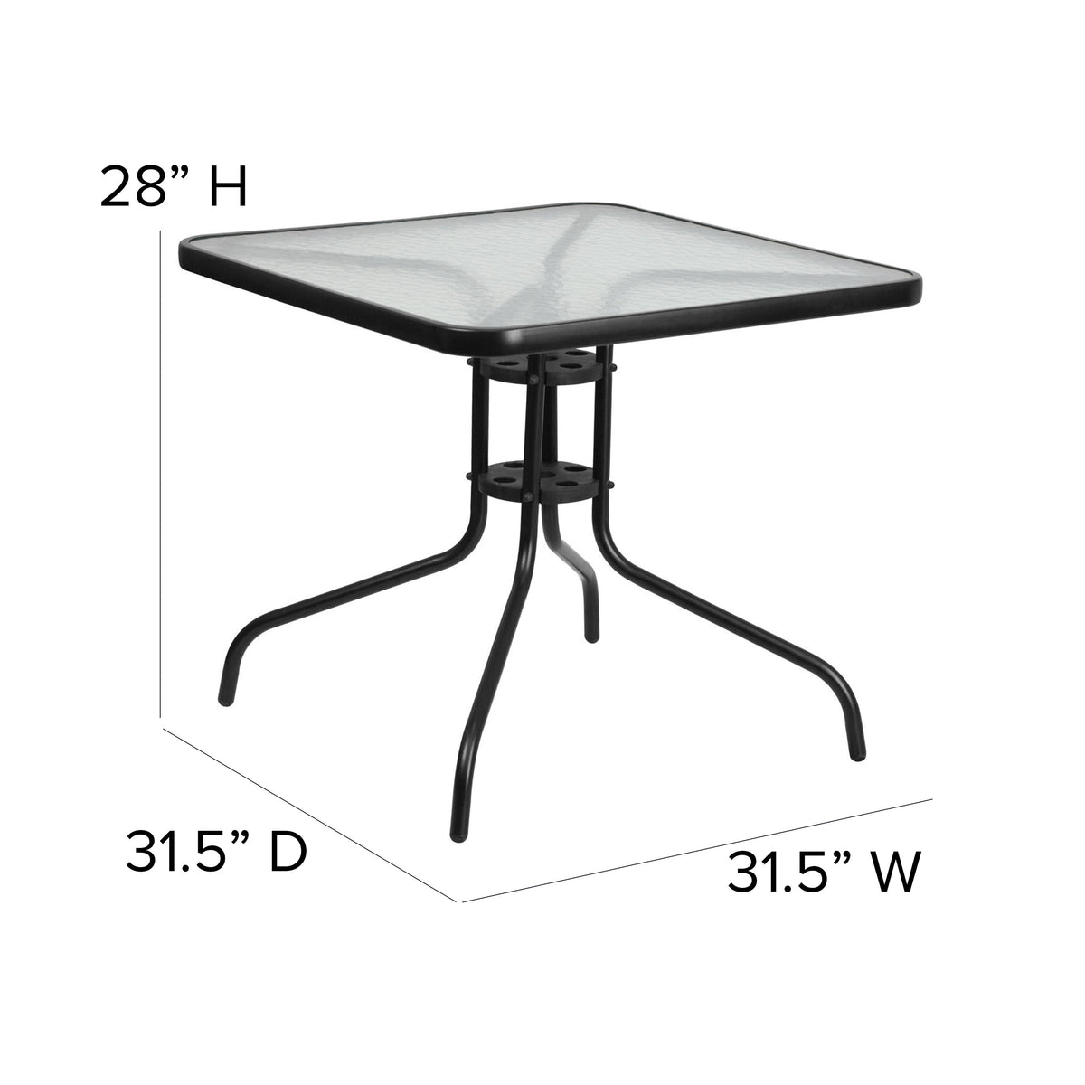 Clear/Black |#| 31.5inch Square Tempered Glass Metal Table with Smooth Ripple Design Top