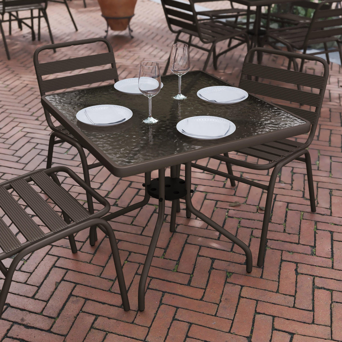Clear/Bronze |#| 31.5inch Square Tempered Glass Metal Table with Smooth Ripple Design Top