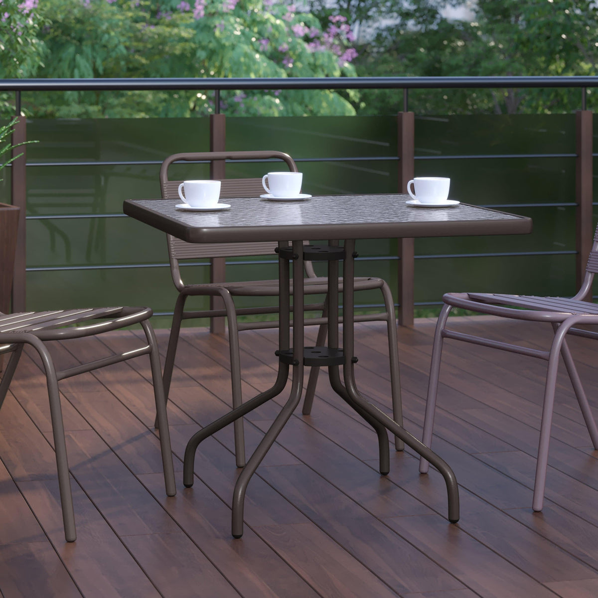 Clear/Bronze |#| 31.5inch Square Tempered Glass Metal Table with Smooth Ripple Design Top