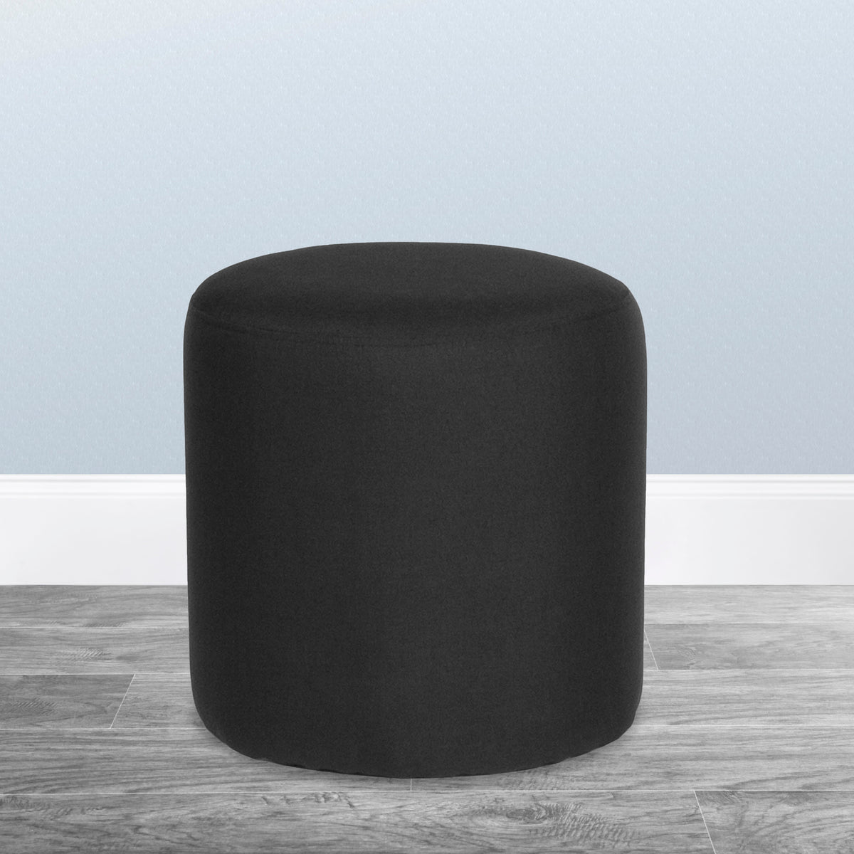Black Fabric |#| Taut Upholstered Round Ottoman Pouf in Black Fabric - Home Furniture