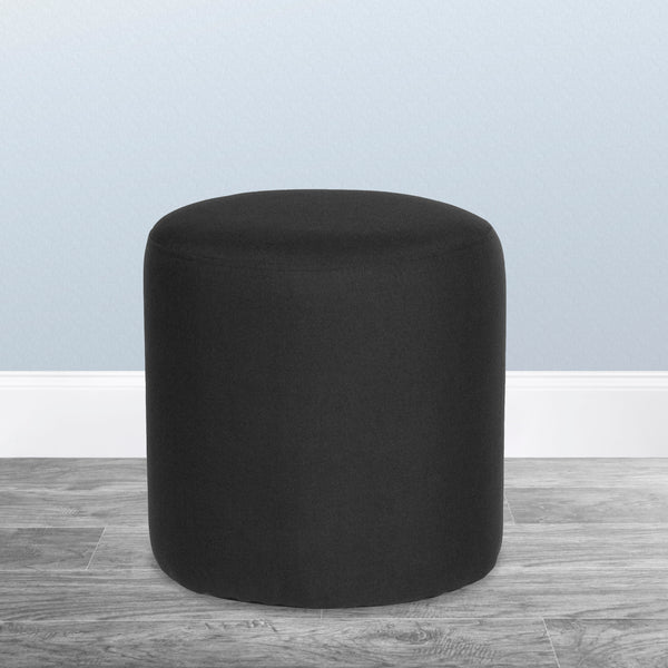 Black Fabric |#| Taut Upholstered Round Ottoman Pouf in Black Fabric - Home Furniture