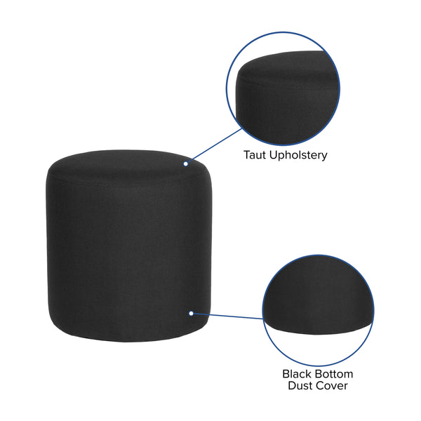 Black Fabric |#| Taut Upholstered Round Ottoman Pouf in Black Fabric - Home Furniture