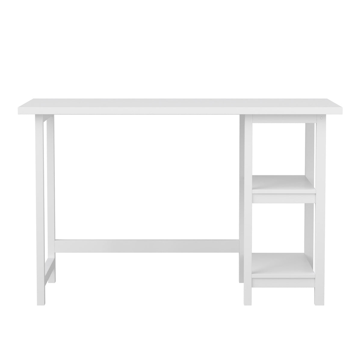 White Wood Grain |#| Modern Trestle Desk with Open Side Shelving in White Wood Grain