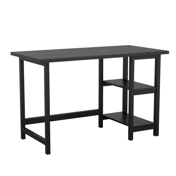 Black Wood Grain |#| Modern Trestle Desk with Open Side Shelving in Black Wood Grain