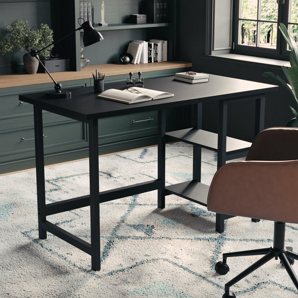 Black Wood Grain |#| Modern Trestle Desk with Open Side Shelving in Black Wood Grain