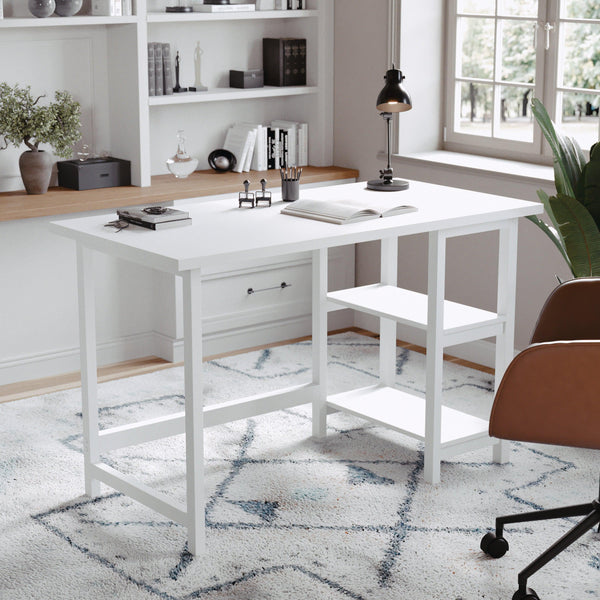 White Wood Grain |#| Modern Trestle Desk with Open Side Shelving in White Wood Grain