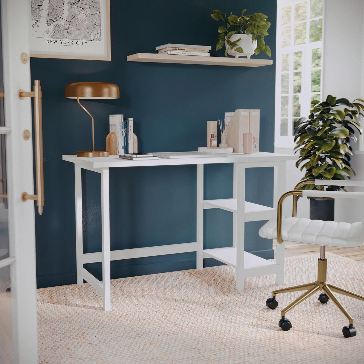 White Wood Grain |#| Modern Trestle Desk with Open Side Shelving in White Wood Grain