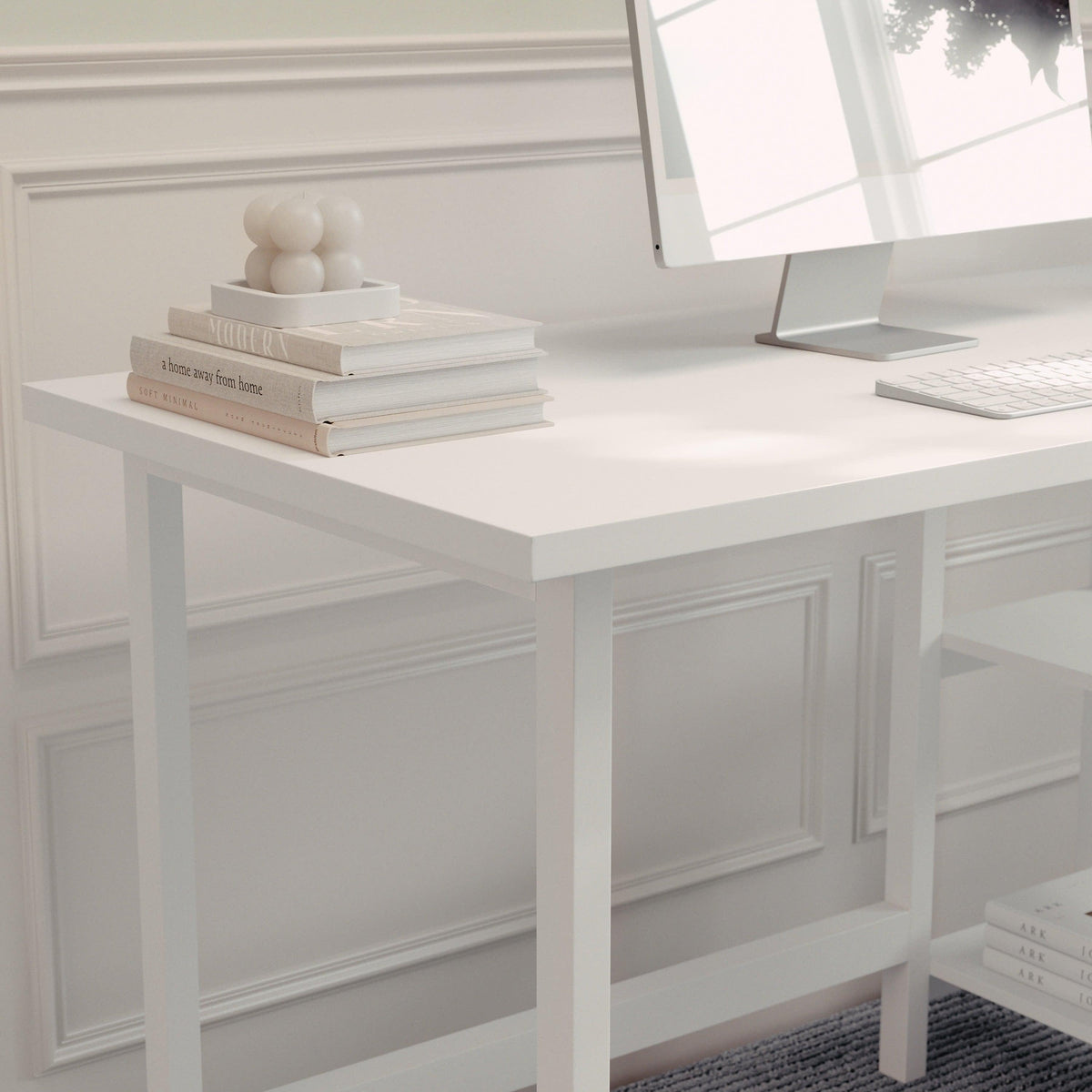 White Wood Grain |#| Modern Trestle Desk with Open Side Shelving in White Wood Grain