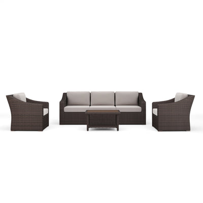 Bedford 4-Piece Indoor-Outdoor Conversation Set with Patio Sofa, 2 Chairs, and Coffee Table in Rattan Wicker with All-Weather Cushions - View 1