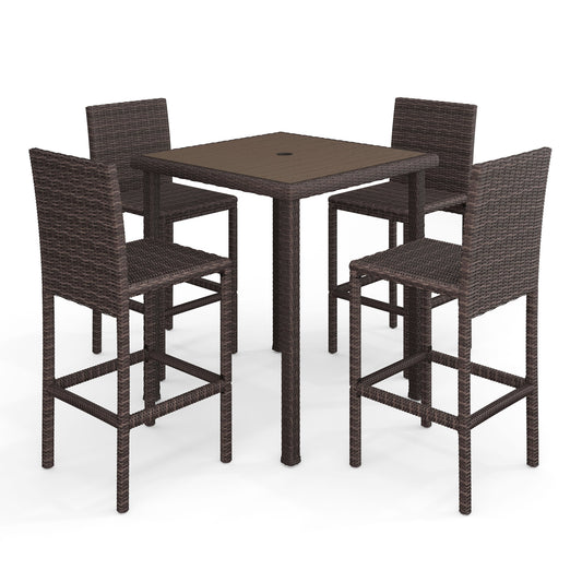 Bedford 5-Piece Indoor-Outdoor Bar Set with 4 Patio Bar Stools and Bar Height Table with Engineered Wood Top in Rattan Wicker