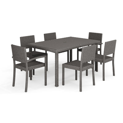 Bedford 7-Piece Indoor-Outdoor Dining Set with 6 Stackable Dining Chairs and 60" Patio Table with Engineered Wood Top in Rattan Wicker - View 1