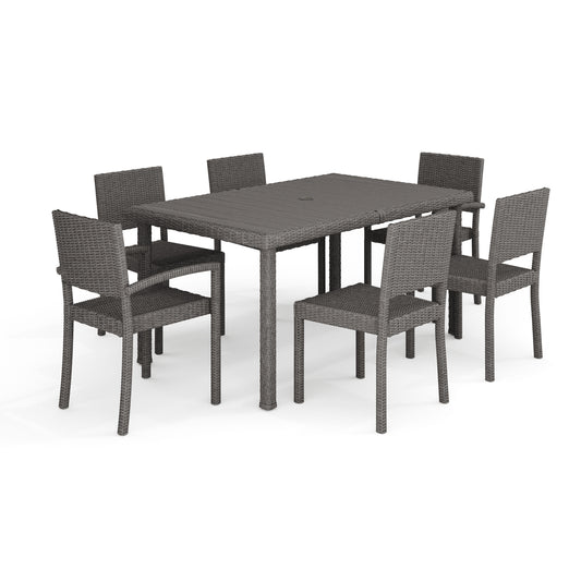 Bedford 7-Piece Indoor-Outdoor Dining Set with 6 Stackable Dining Chairs and 60" Patio Table with Engineered Wood Top in Rattan Wicker