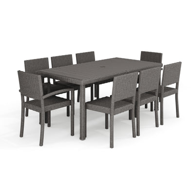 Bedford 9-Piece Indoor-Outdoor Dining Set with 8 Stackable Dining Chairs and 70" Patio Table with Engineered Wood Top in Rattan Wicker - View 1