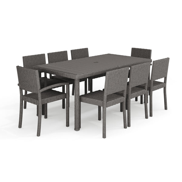 Gray |#| 9pc Outdoor Rattan Wicker Patio Dining Set with 8 Chairs and 70" Table - Gray