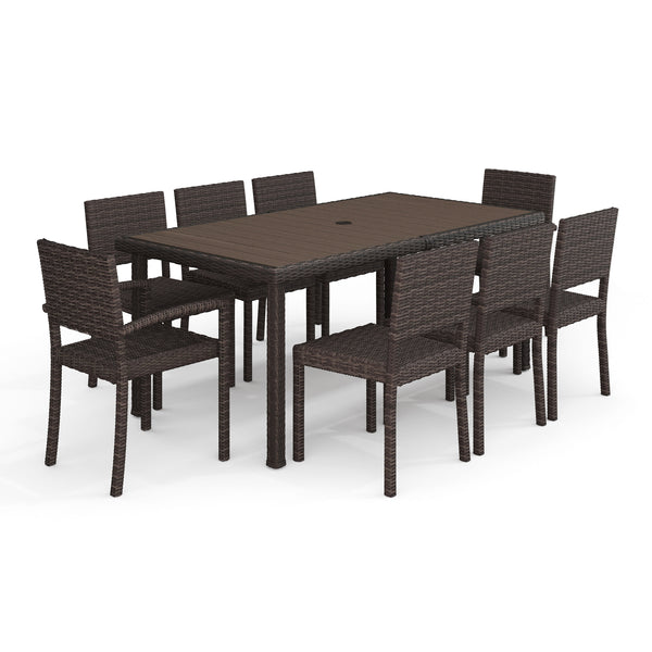 Brown |#| 9pc Outdoor Rattan Wicker Patio Dining Set with 8 Chairs and 70" Table - BRN