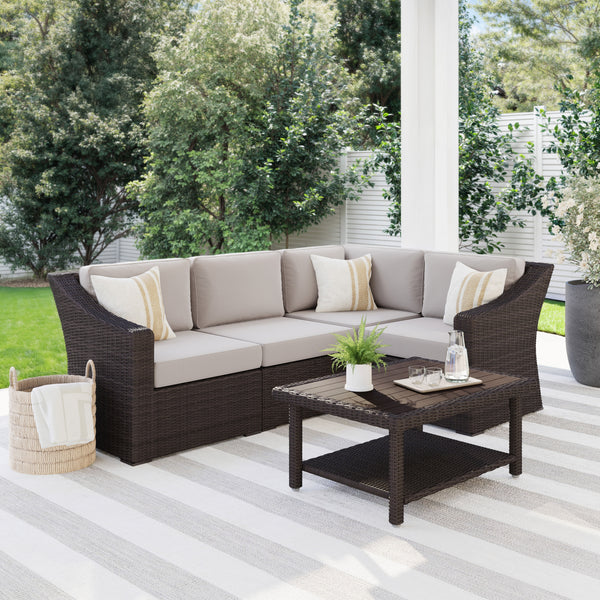 Tan Cushions/Brown Frame |#| Outdoor Modular Rattan Wicker 4-Seat Sectional Sofa with Cushions - Brown/Tan