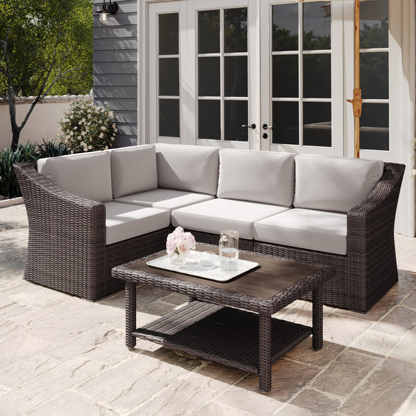 Tan Cushions/Brown Frame |#| Outdoor Modular Rattan Wicker 4-Seat Sectional Sofa with Cushions - Brown/Tan
