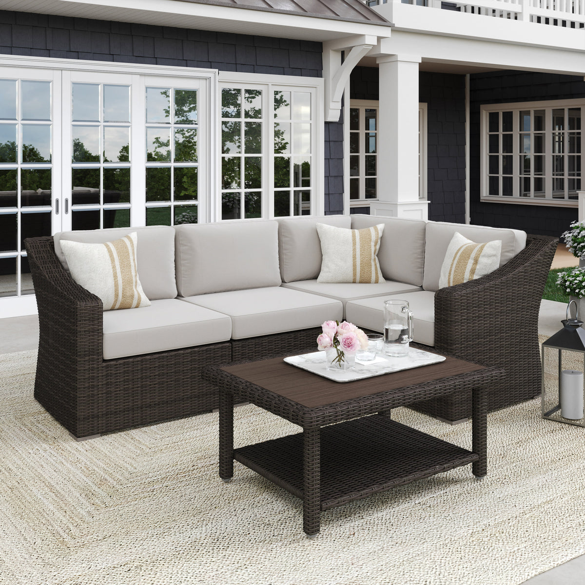 Tan Cushions/Brown Frame |#| Outdoor Modular Rattan Wicker 4-Seat Sectional Sofa with Cushions - Brown/Tan