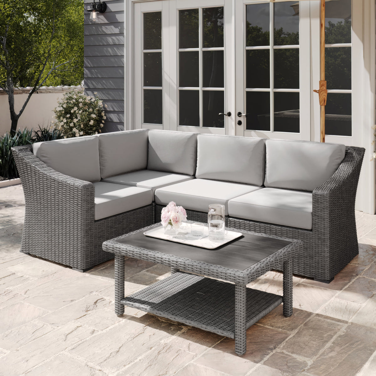 Gray Cushions/Gray Frame |#| Outdoor Modular Rattan Wicker 4-Seat Sectional Sofa with Cushions - Gray/Gray
