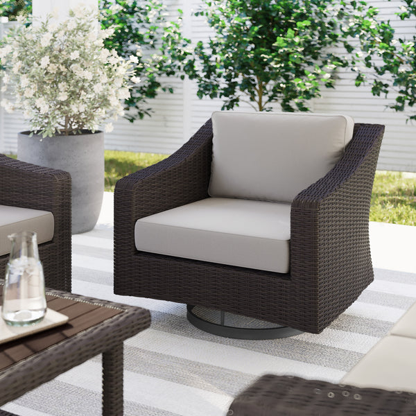 Tan Cushions/Brown Frame |#| Outdoor Rattan Wicker Swivel Chair with All-Weather Cushions - Brown/Tan