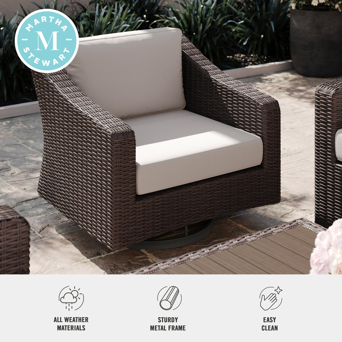 Tan Cushions/Brown Frame |#| Outdoor Rattan Wicker Swivel Chair with All-Weather Cushions - Brown/Tan