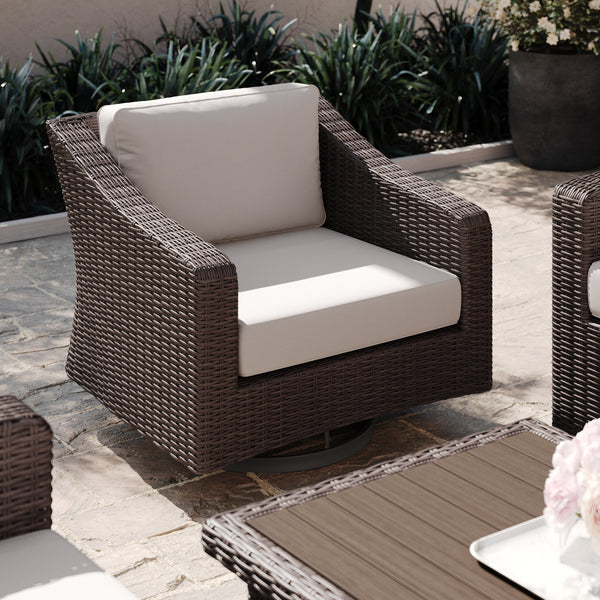 Tan Cushions/Brown Frame |#| Outdoor Rattan Wicker Swivel Chair with All-Weather Cushions - Brown/Tan