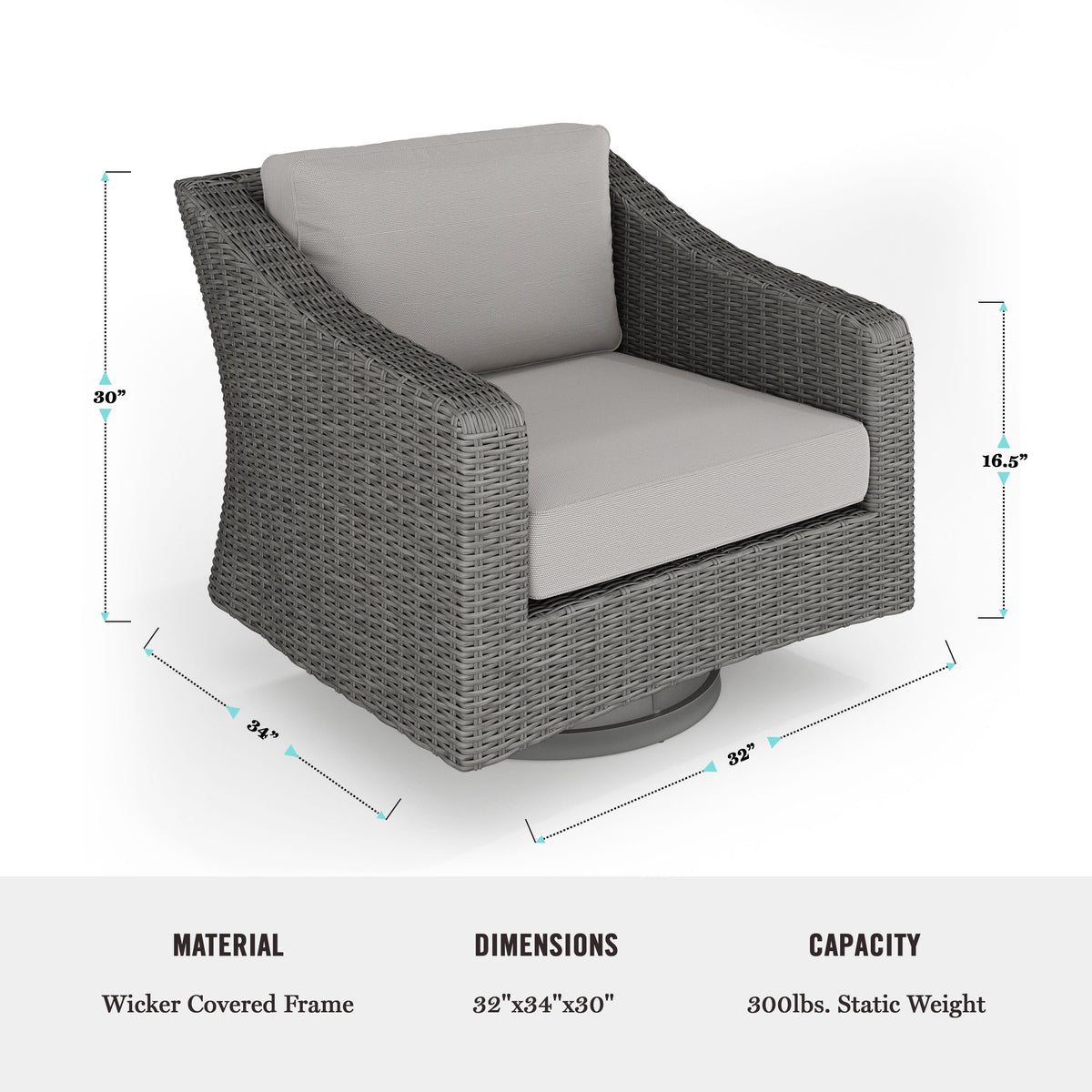 Gray Cushions/Gray Frame |#| Outdoor Rattan Wicker Swivel Chair with All-Weather Cushions - Gray/Gray