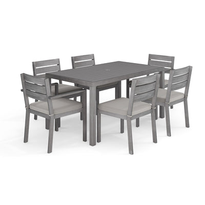 Bedford Indoor-Outdoor Patio Set with 60" Table and 6 Dining Chairs with Brushed Woodgrain Aluminum Finish and All-Weather Seat Cushions - View 1