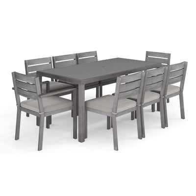 Bedford Indoor-Outdoor Patio Set with 70" Table and 8 Dining Chairs with Brushed Woodgrain Aluminum Finish and All-Weather Seat Cushions - View 1